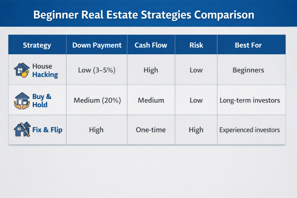 Comparison table of beginner real estate investment strategies