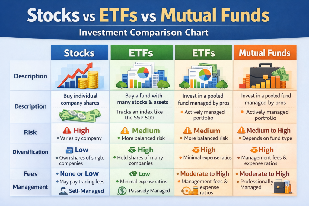 Stocks vs ETFs vs Mutual Funds long term growth comparison chart