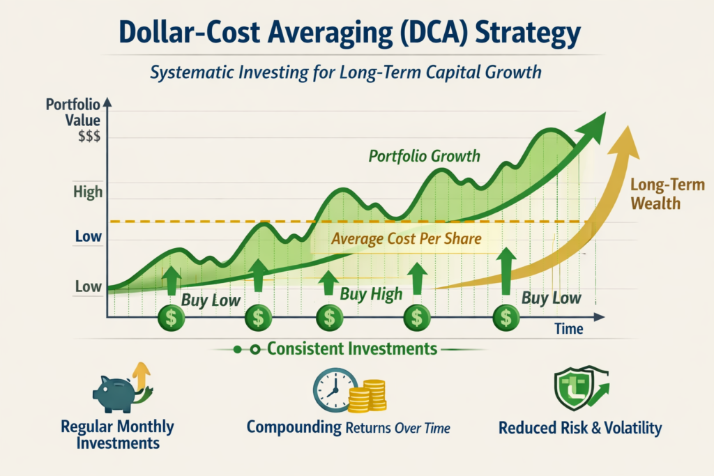 Dollar-Cost Averaging (DCA) strategy chart showing systematic investing and long-term capital growth