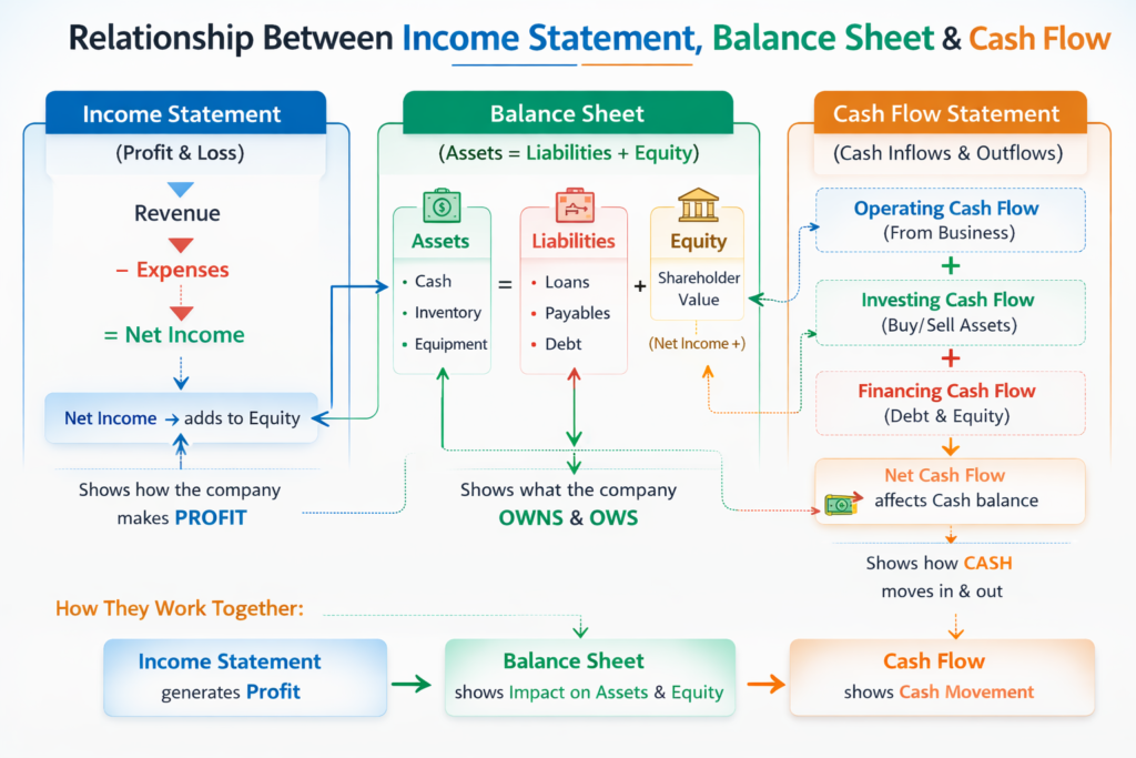 income statement balance sheet cash flow relationship diagram