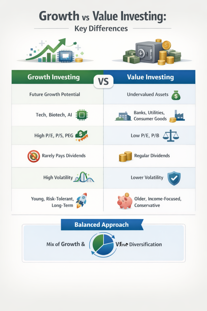Growth vs Value Investing comparison chart showing differences in risk, return, volatility and sectors
