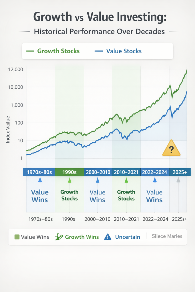 Growth vs Value Investing historical performance comparison over decades