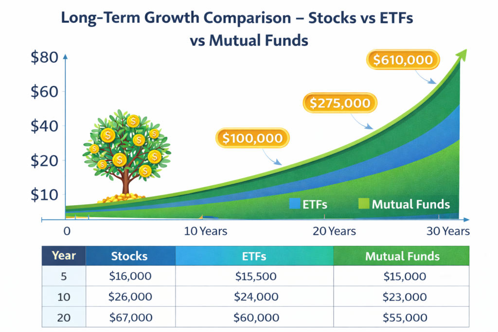 Stocks vs ETFs vs Mutual Funds long term growth comparison chart