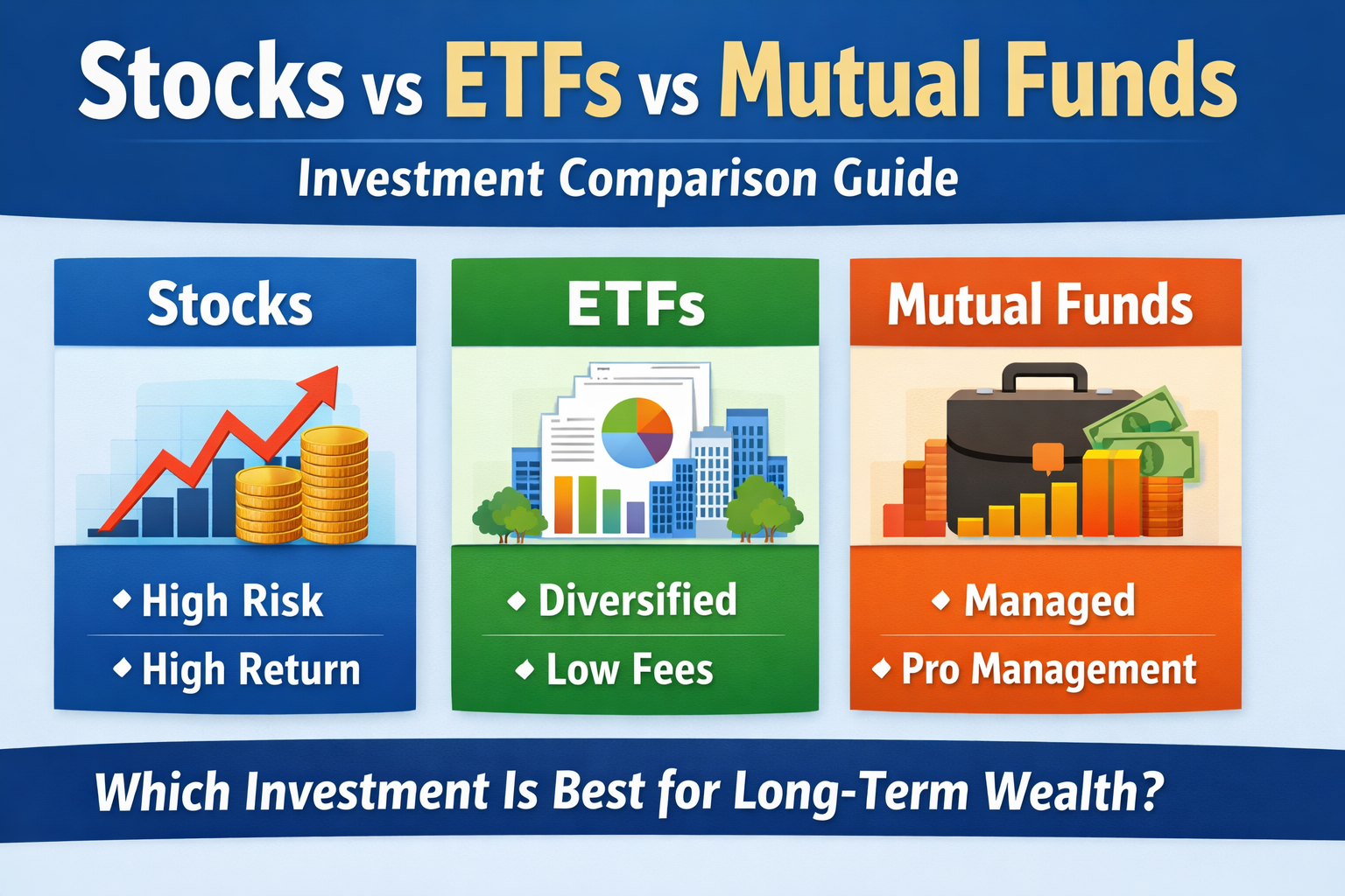 Stocks vs ETFs vs Mutual Funds comparison chart for long term investing