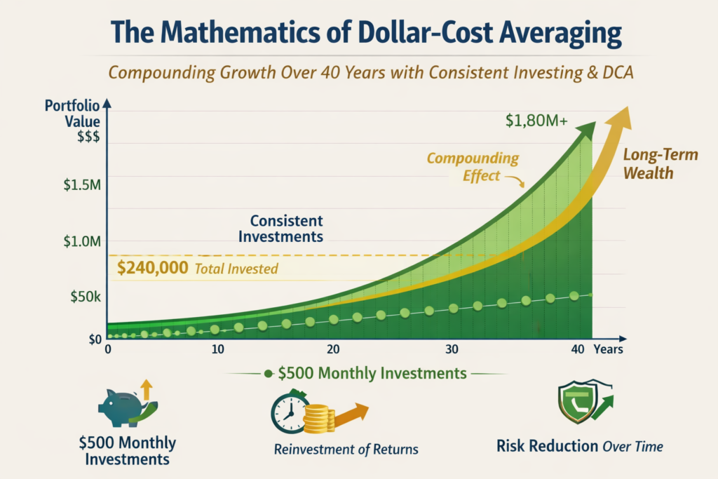 Dollar-Cost Averaging (DCA) compounding growth chart over 40 years