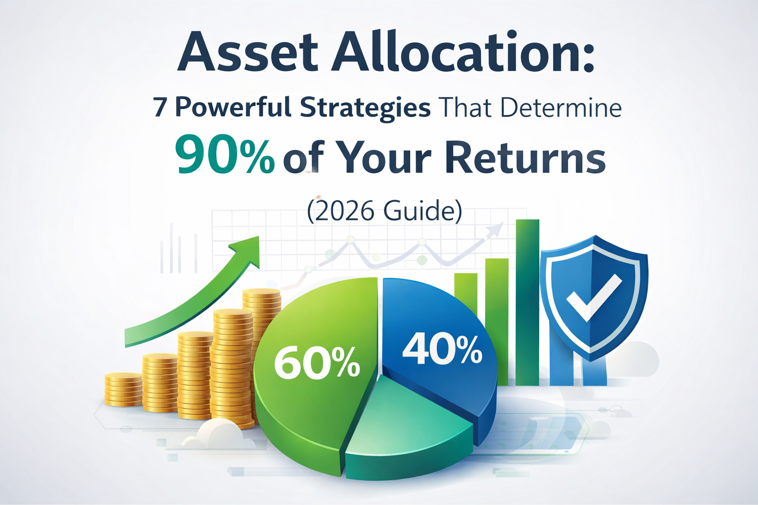 Infographic showing asset allocation strategy with a 60/40 portfolio split, featuring stocks and bonds, growth charts, and the concept that asset allocation determines 90% of investment returns