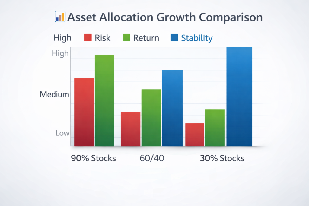 Bar chart comparing asset allocation strategies—90% stocks, 60/40 portfolio, and 30% stocks—illustrating differences in risk, return, and stability levels.
