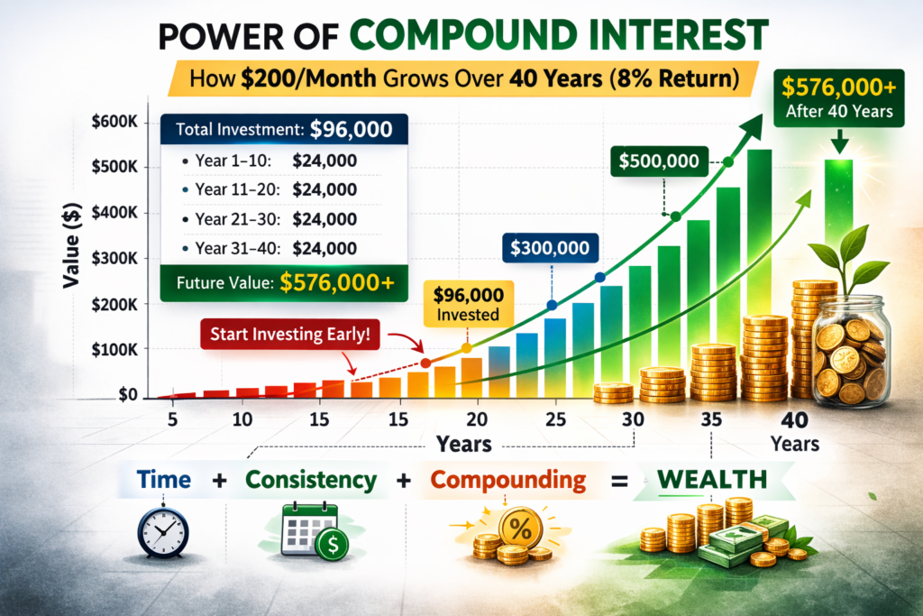 compound interest growth chart from $5,000 at 8% over 40 years