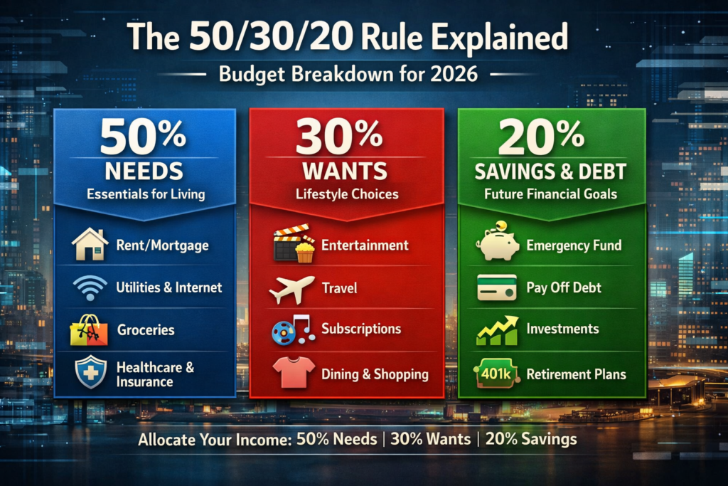 The 50/30/20 Rule Explained budget breakdown chart for 2026