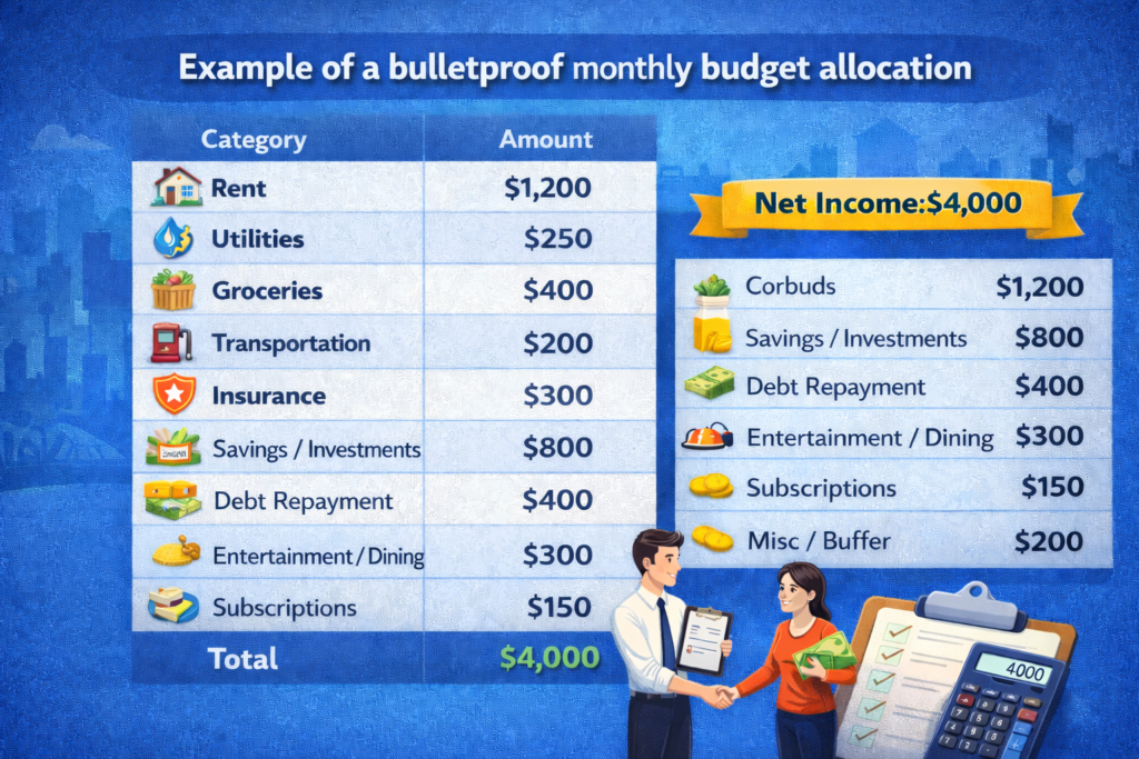 bulletproof monthly budget example with categories and savings plan