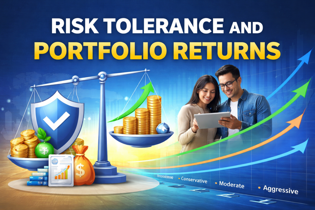 Risk tolerance and portfolio returns comparison showing conservative, moderate, and aggressive investment strategies