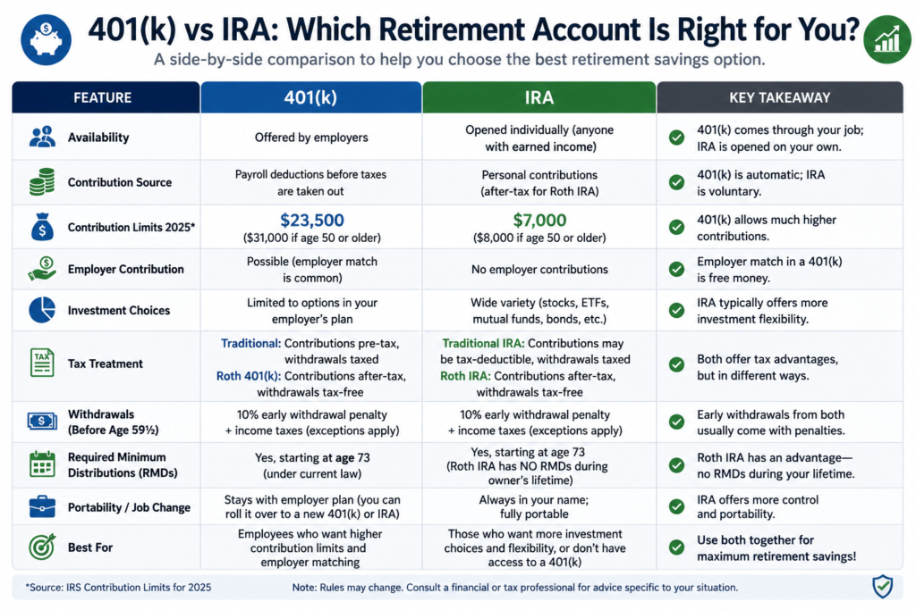 401(k) vs IRA retirement account comparison table with tax and contribution differences.
