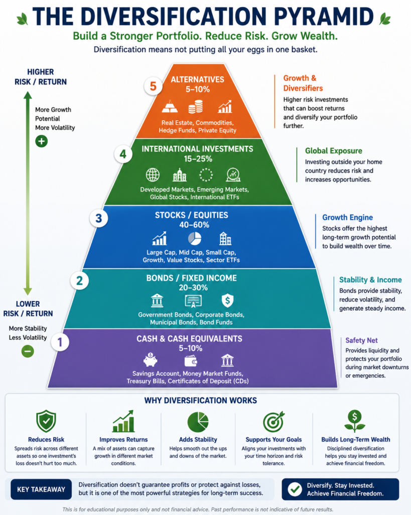 Diversification pyramid illustrating asset allocation across stocks, bonds, real estate, and cash.