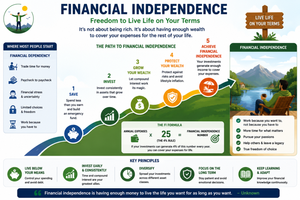 Illustration representing financial independence achieved through retirement investing.