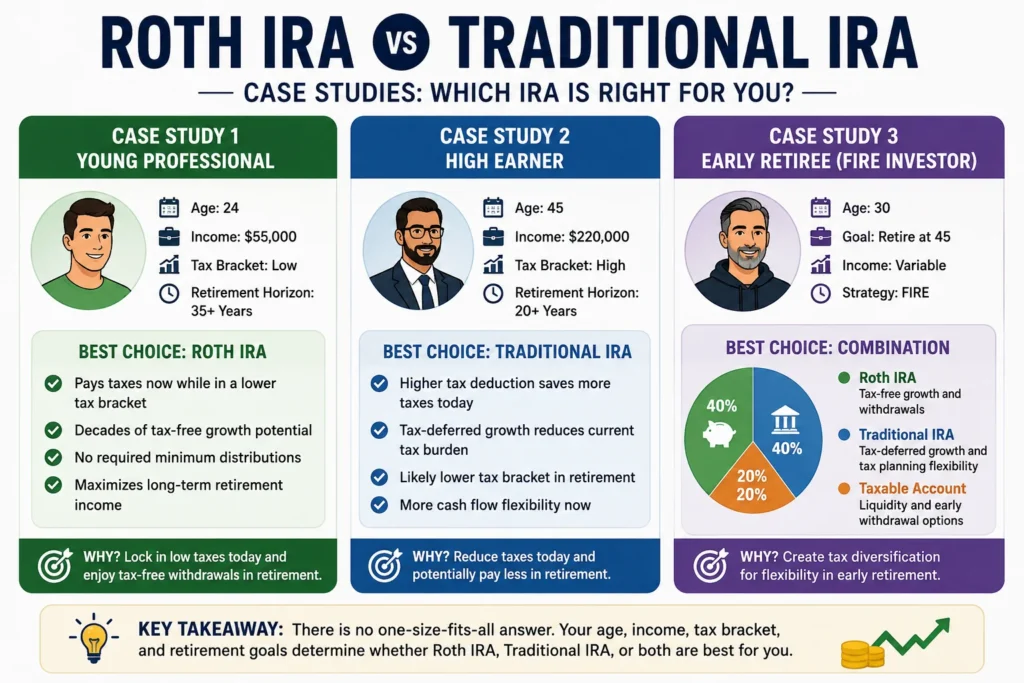 Roth IRA vs Traditional IRA case studies comparing a young professional, high earner, and early retiree
