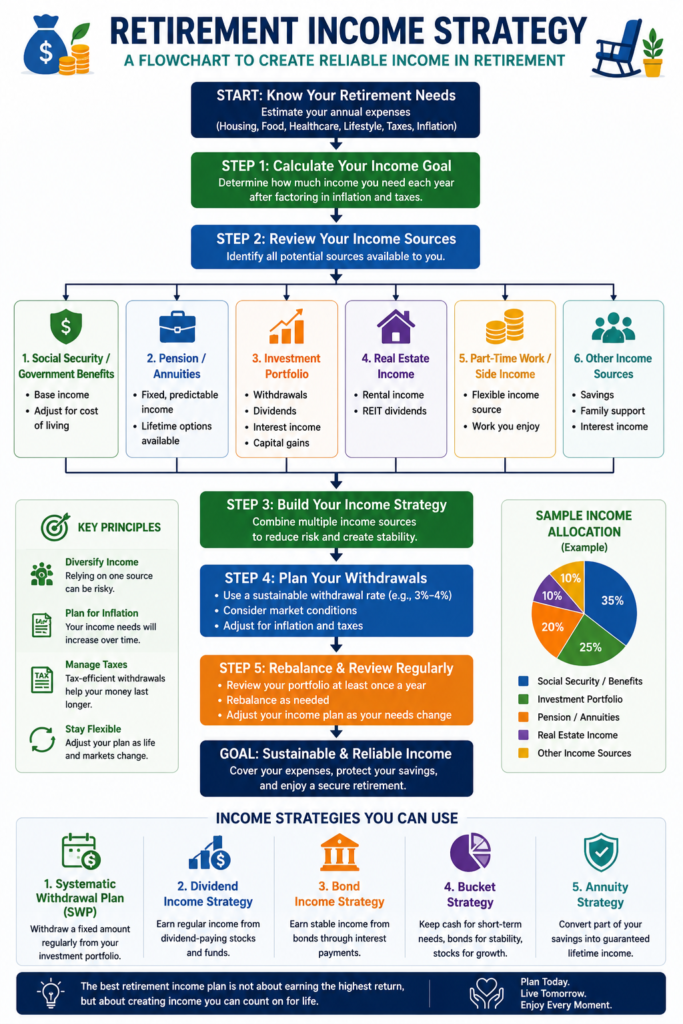 Retirement income strategy flowchart showing withdrawals, dividends, bonds, and pensions.