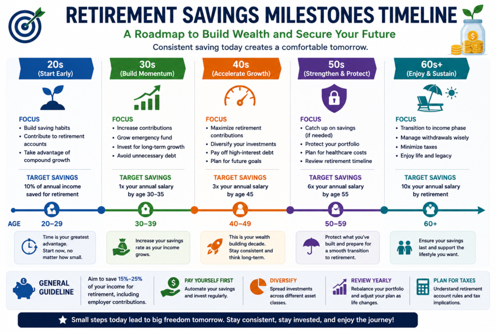 Retirement savings milestones timeline by age for long-term financial planning.