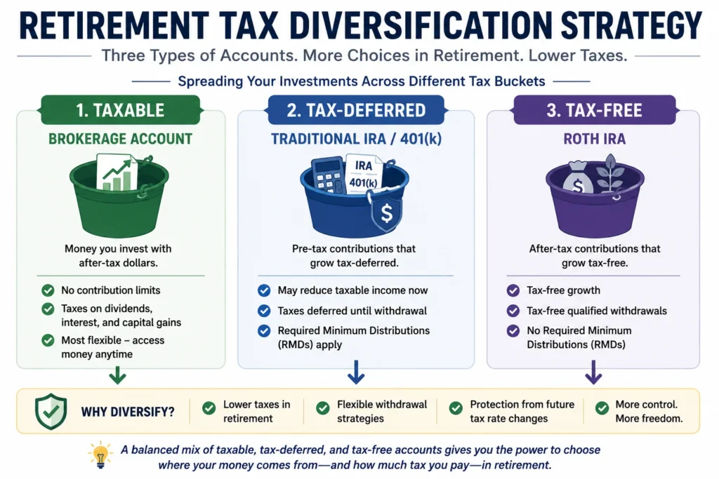 Retirement tax diversification strategy comparing taxable, tax-deferred, and tax-free accounts