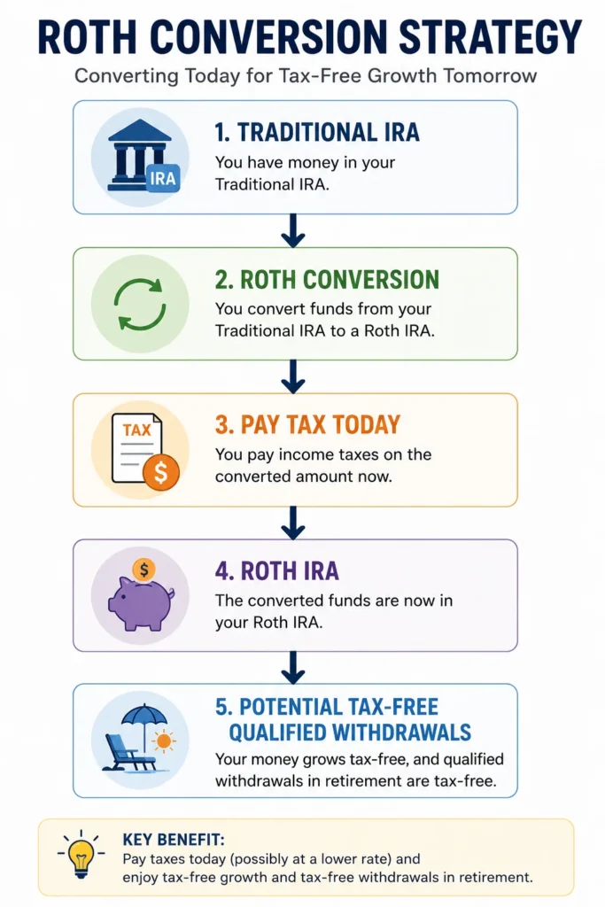 Roth conversion strategy showing the steps from a Traditional IRA conversion to potential tax-free qualified Roth IRA withdrawals