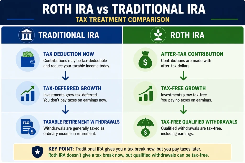 Roth IRA vs Traditional IRA tax treatment comparison