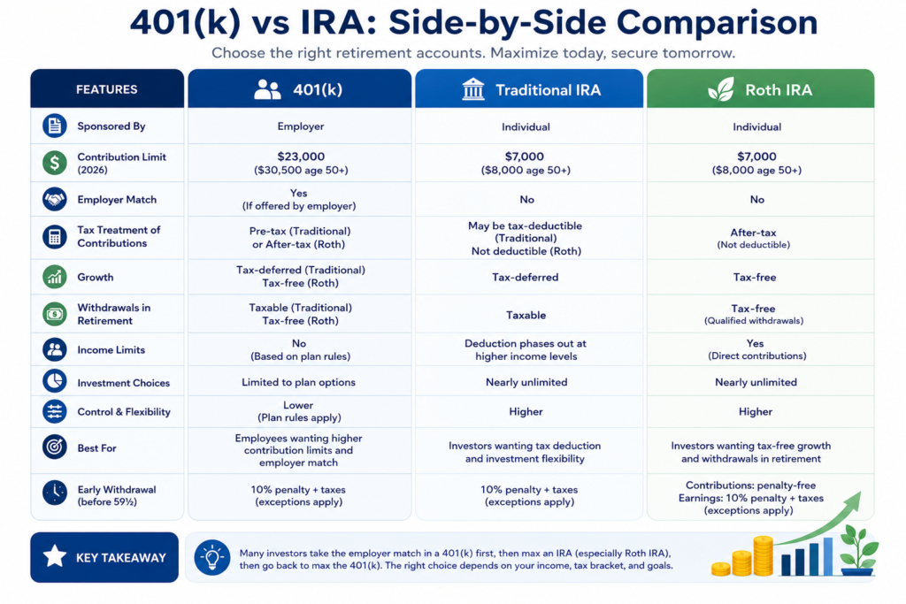 Side-by-side comparison of 401(k) vs IRA retirement accounts