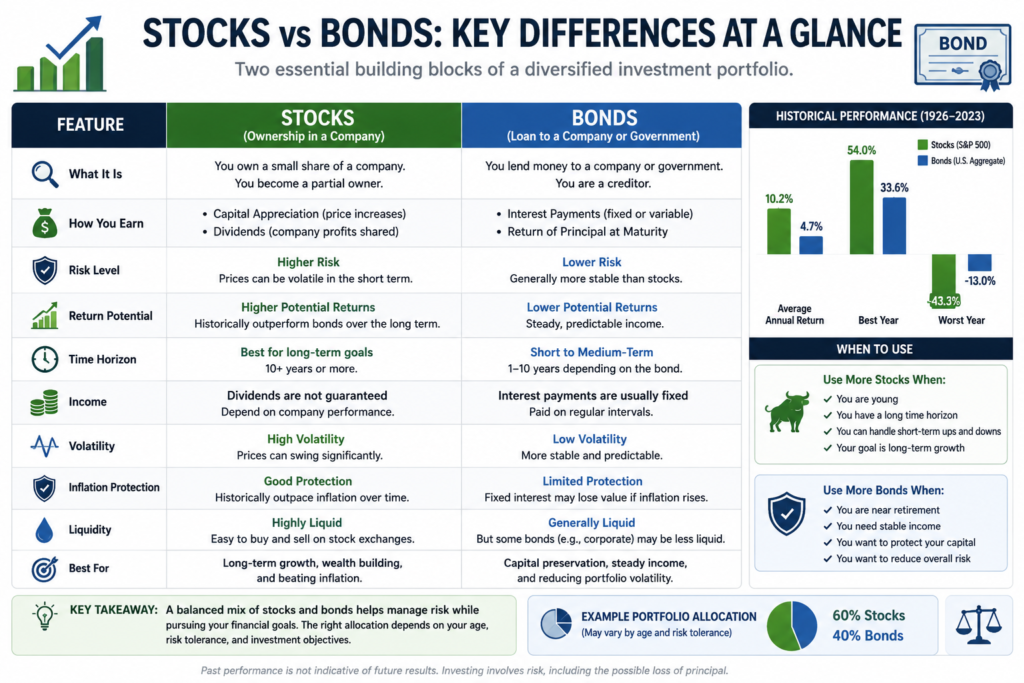 Comparison of stocks and bonds for retirement investing including risk and return.