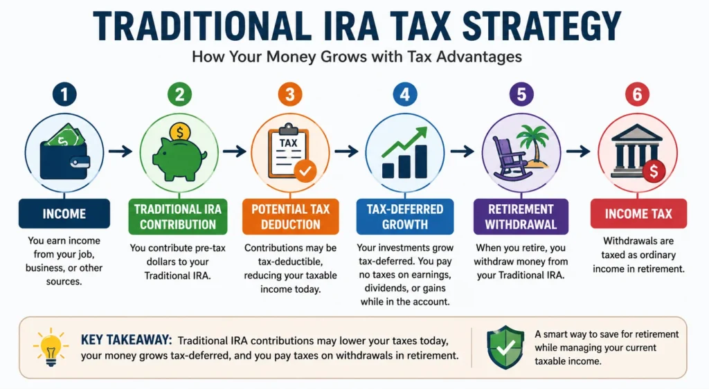 Traditional IRA tax strategy showing contributions, tax-deferred growth, and taxable retirement withdrawals
