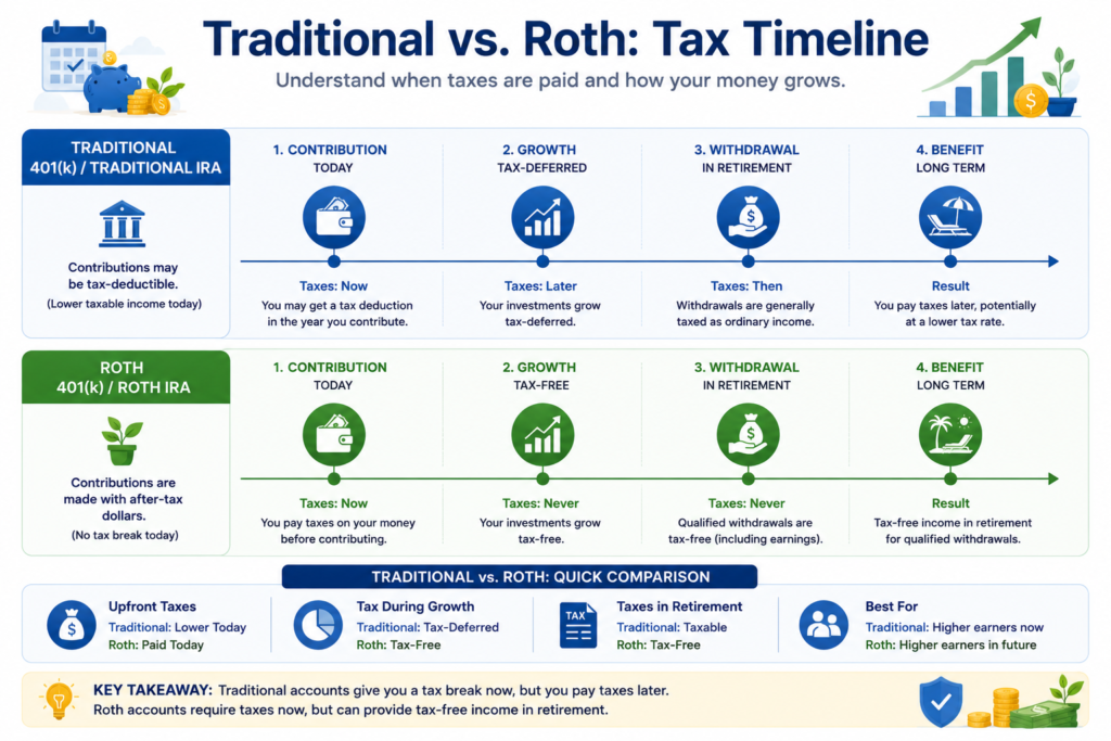 Traditional vs Roth retirement account tax timeline