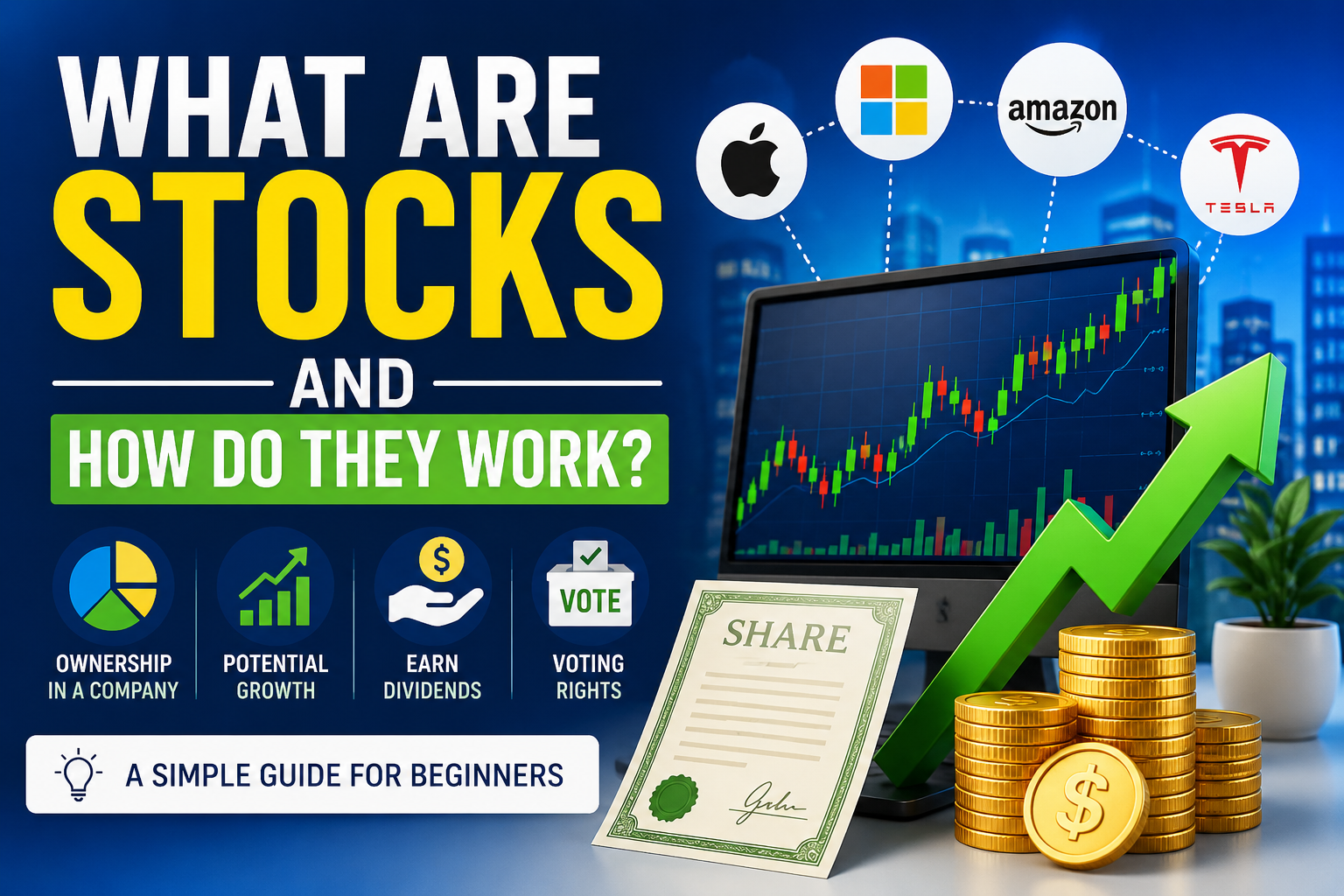 What Are Stocks and How Do They Work infographic explaining stock market investing