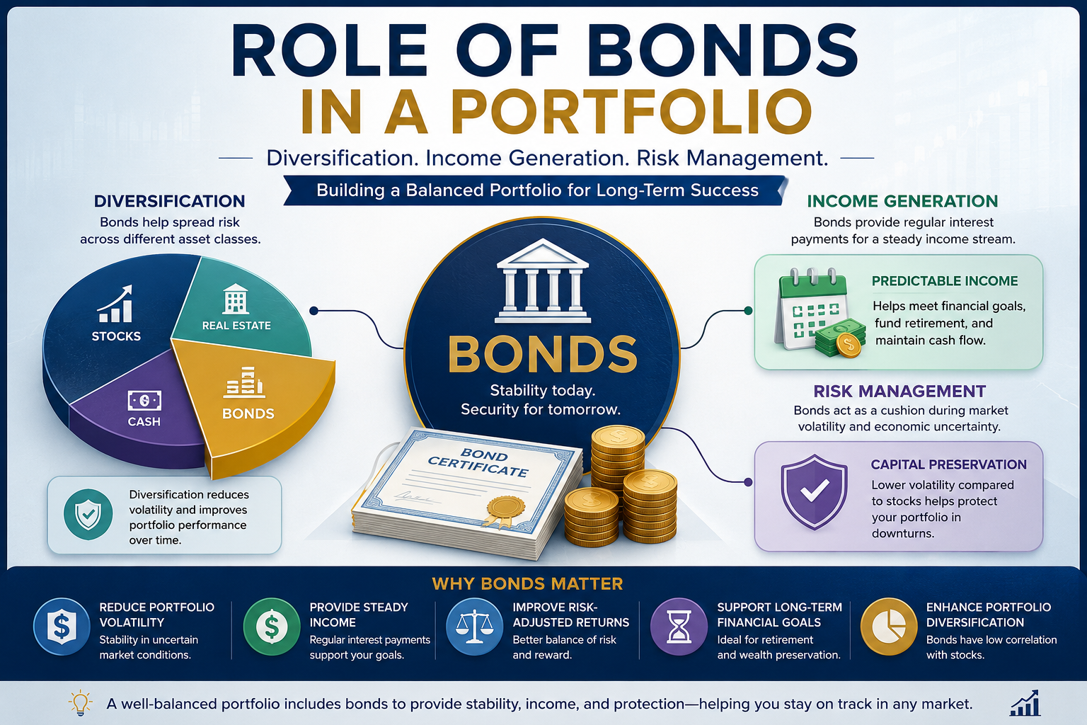 Role of Bonds in a Portfolio infographic showing diversification, income generation, and risk management