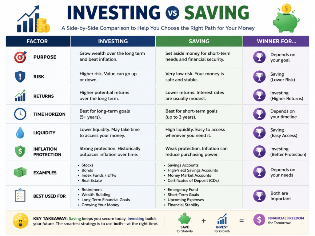 Investing vs Saving comparison table showing goals, risk, returns, liquidity, inflation protection, and time horizon