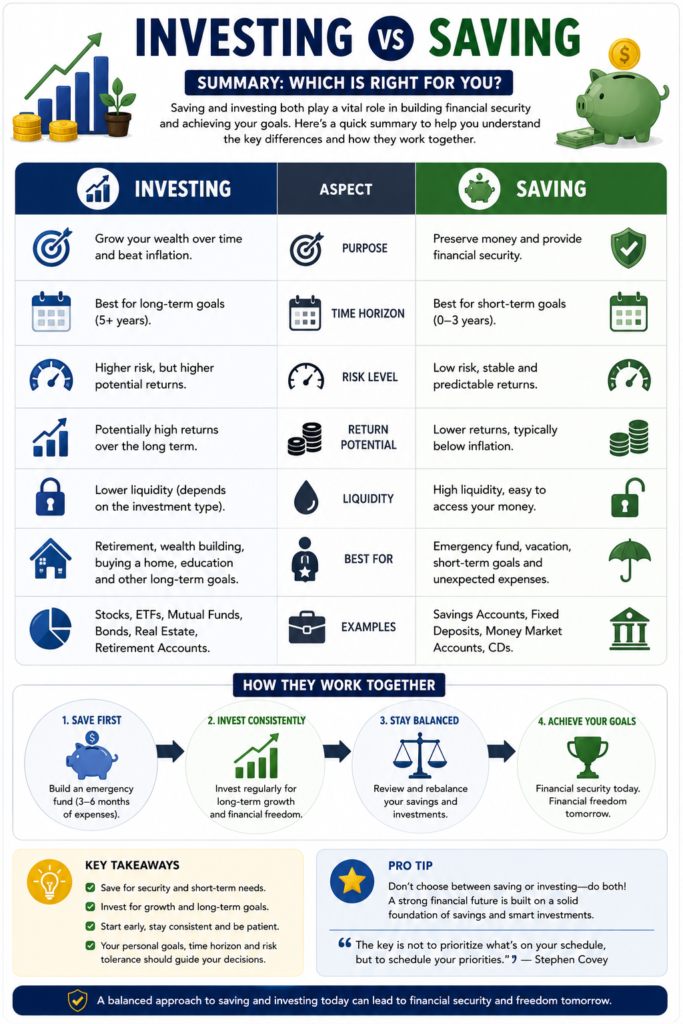 Summary infographic comparing investing and saving for beginners
