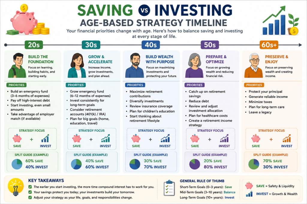 Age-based investing and saving timeline for beginners from ages 20 through retirement