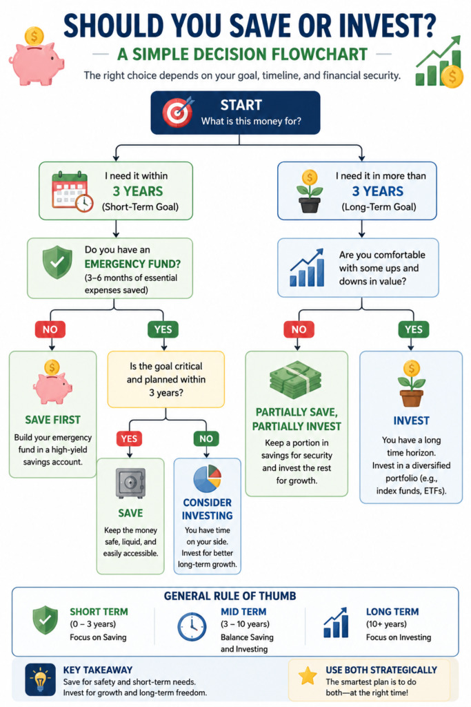 Decision flowchart showing when to save money and when to invest based on financial goals and time horizon