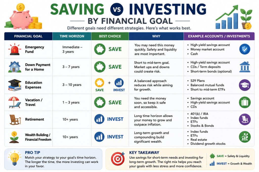 Saving vs investing by financial goal including emergency fund, retirement, home purchase, and wealth building