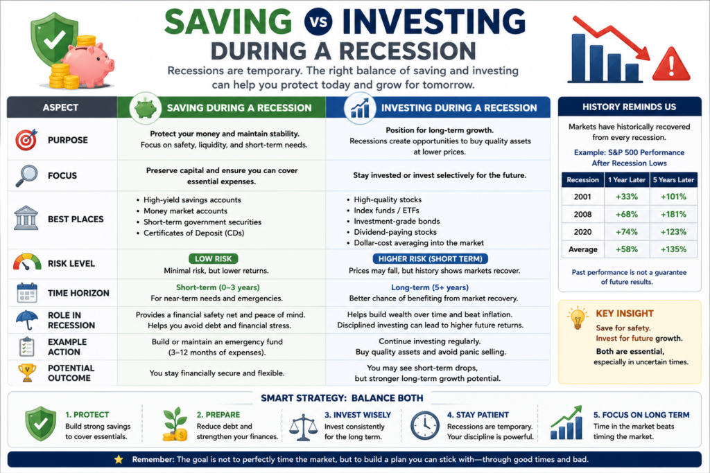 Comparison chart showing how saving and investing differ during an economic recession