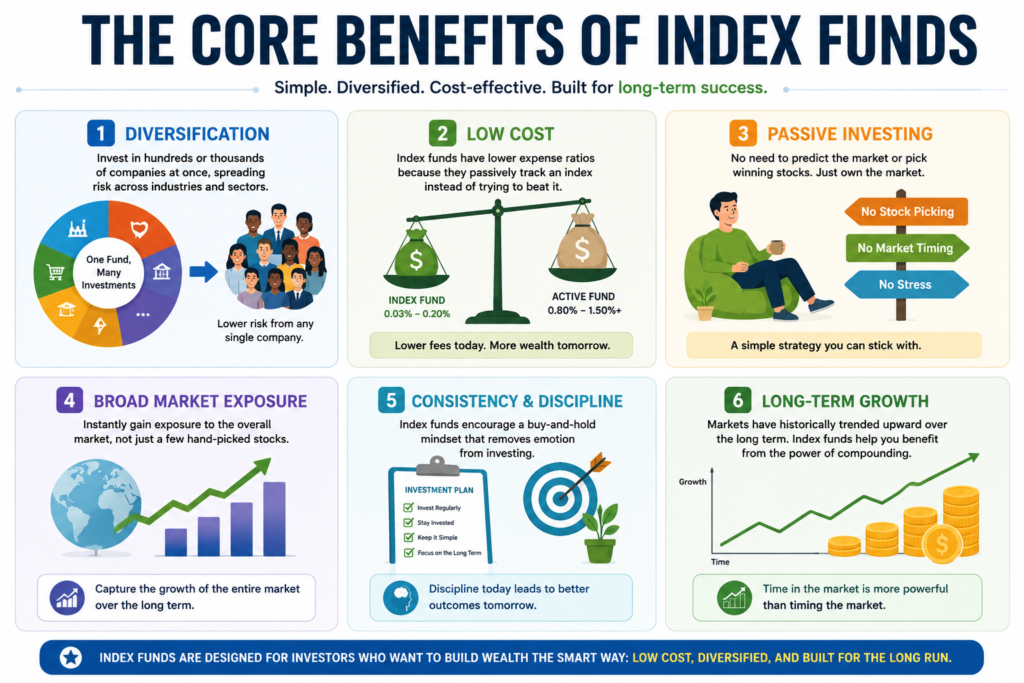 Benefits of index funds including diversification, low fees, and passive investing