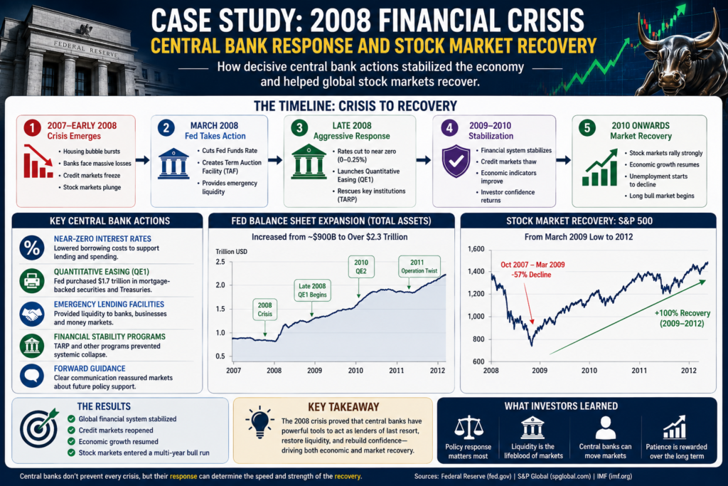 Central bank response to 2008 financial crisis and stock market recovery