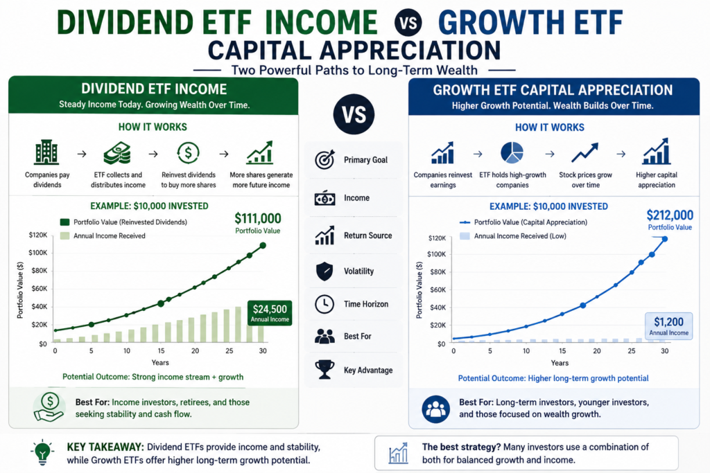 Dividend ETF income vs Growth ETF capital appreciation illustration