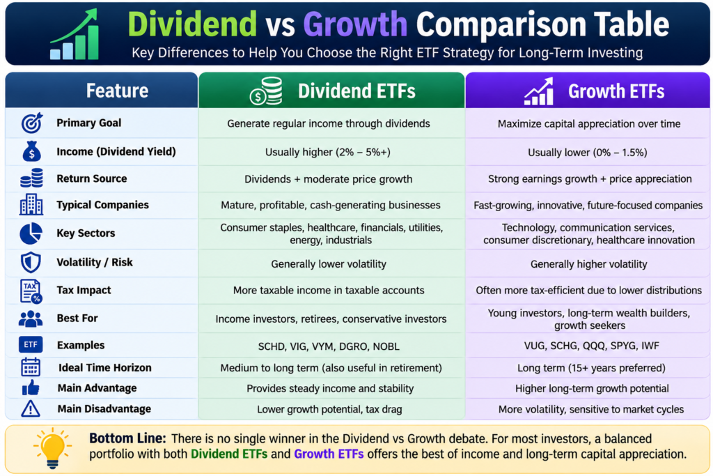 Dividend ETFs vs Growth ETFs portfolio comparison chart