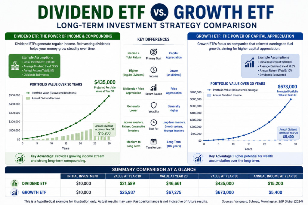 Dividend ETF vs Growth ETF long-term investment strategy