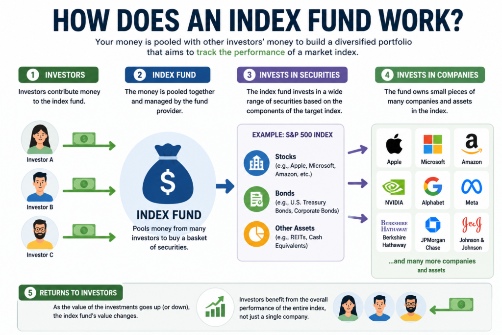 How an index fund works from investor contributions to diversified investments