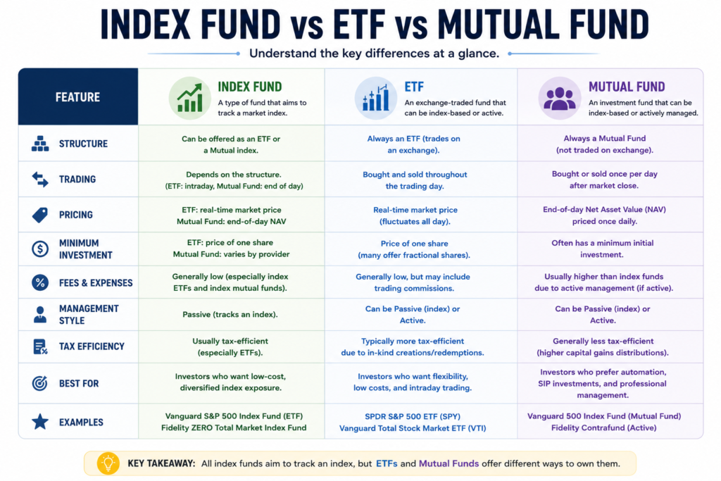 Comparison of index funds, ETFs, and mutual funds