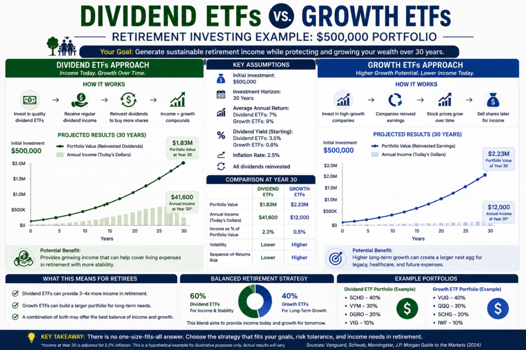 Dividend ETFs vs Growth ETFs retirement investing example