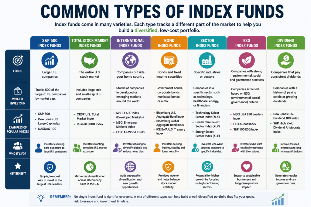 Different types of index funds including S&P 500, Total Market, Bond, and International funds