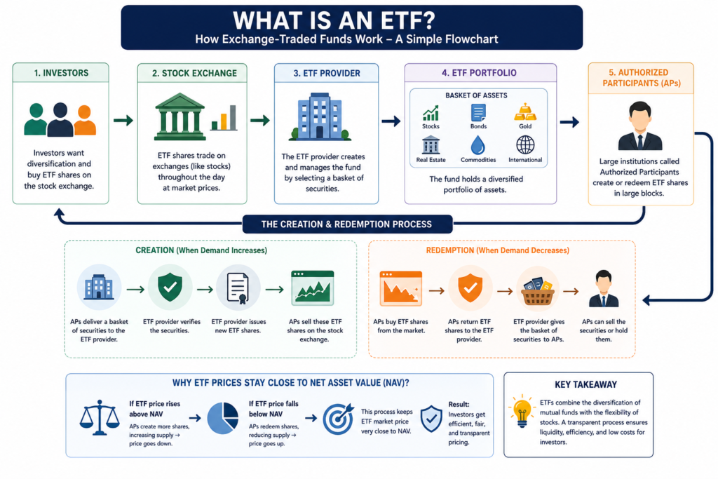 Flowchart showing how an Exchange-Traded Fund (ETF) works, including fund creation, stock exchange trading, and investor participation