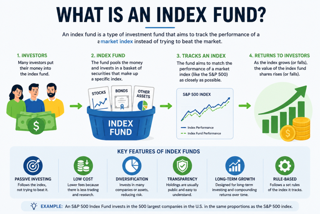 Illustration explaining how an index fund tracks a stock market index